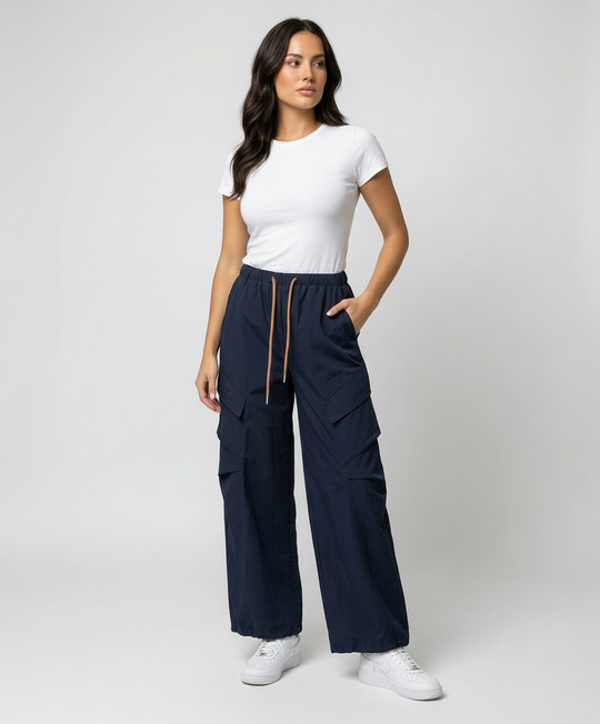 Damen nan hochgeschnittene weite Freizeit-Hose im Utility-Look mit großen Klappentaschen und Kordelzugbund R&B