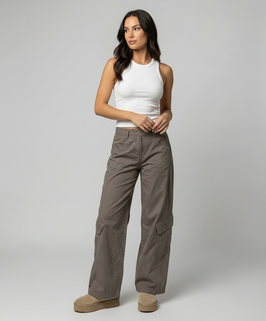 Damen hochgeschnittene Cargo-Hose mit weitem Bein, aufgesetzten Klappentaschen und Ziernähten R&B