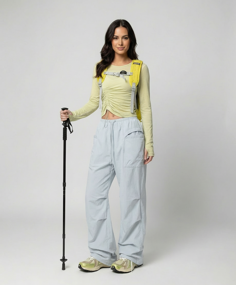 Damen leichte packbare Outdoor-Hose mit weitem Bein elastischem Bund und aufgesetzten Seitentaschen R&B