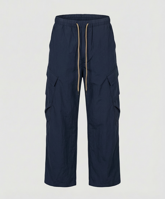 Damen nan hochgeschnittene weite Freizeit-Hose im Utility-Look mit großen Klappentaschen und Kordelzugbund R&B