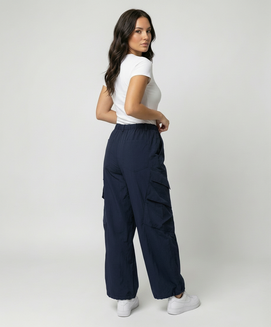 Damen nan hochgeschnittene weite Freizeit-Hose im Utility-Look mit großen Klappentaschen und Kordelzugbund R&B
