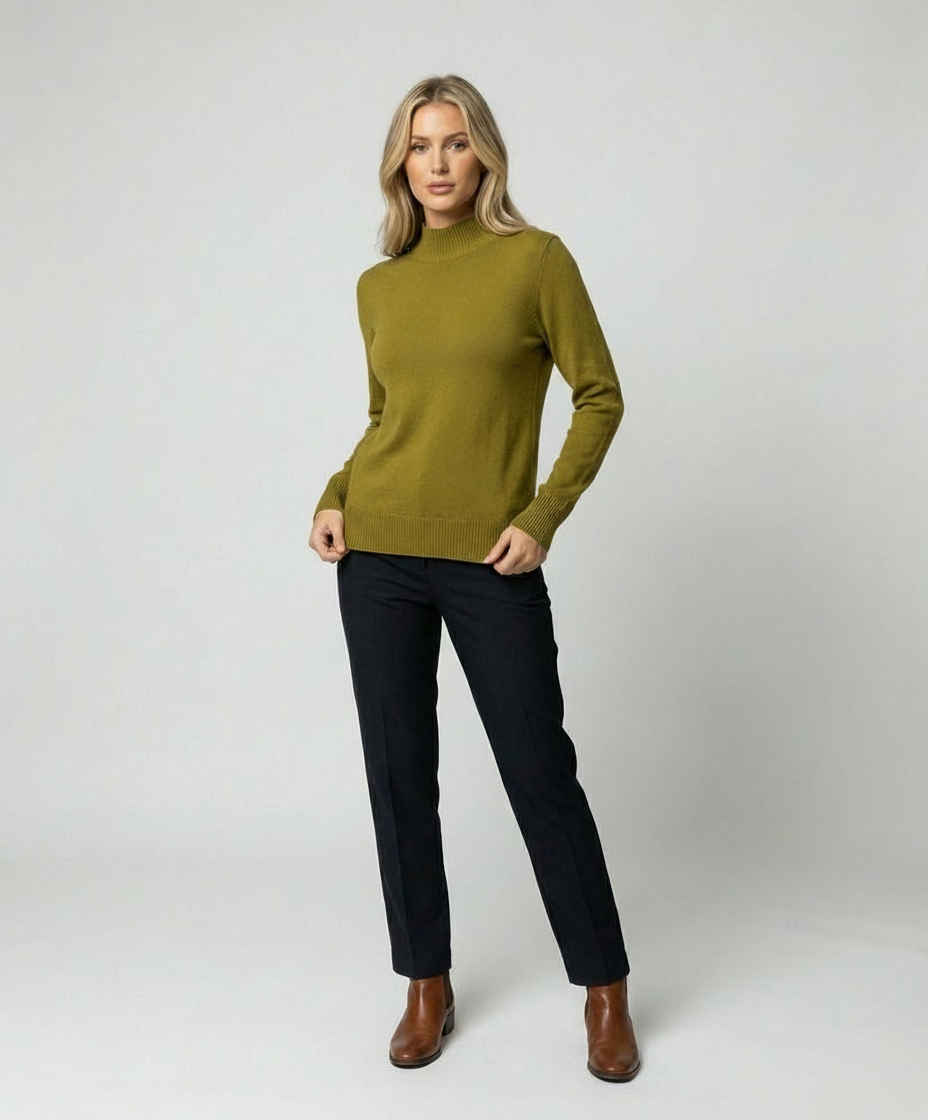 Figurbetontes Damen Langarmshirt mit Stehkragen in Senfgrün