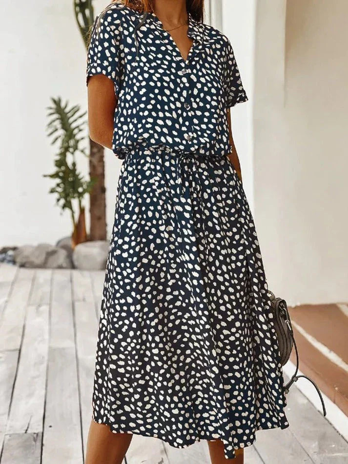 R&B | Elegantes Kurzärmliges Hemdblusenkleid mit Polka Dots und Kordelzug In Der Taille