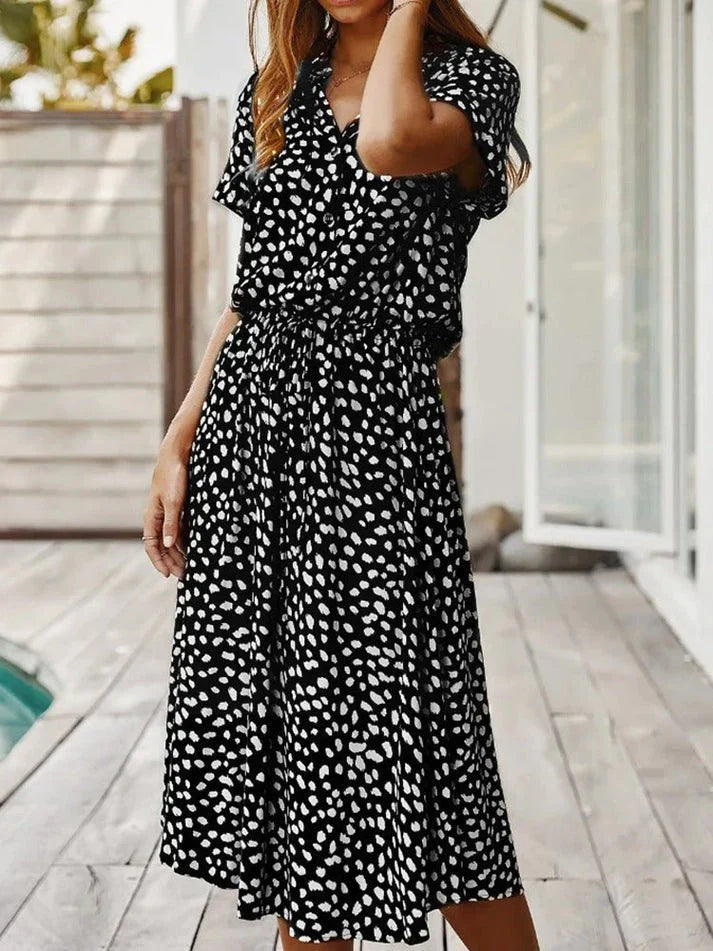 R&B | Elegantes Kurzärmliges Hemdblusenkleid mit Polka Dots und Kordelzug In Der Taille