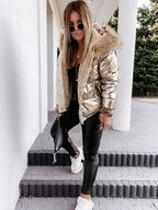 R&B | Damen Metallic Pufferjacke mit Kapuze und Pelzkragen