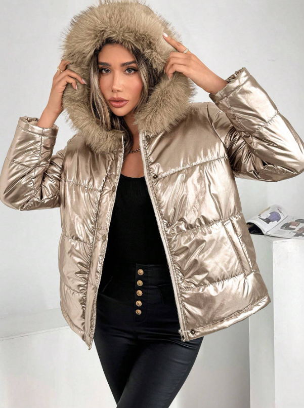 R&B | Damen Metallic Pufferjacke mit Kapuze und Pelzkragen