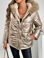 R&B | Damen Metallic Pufferjacke mit Kapuze und Pelzkragen