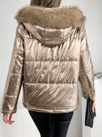 R&B | Damen Metallic Pufferjacke mit Kapuze und Pelzkragen