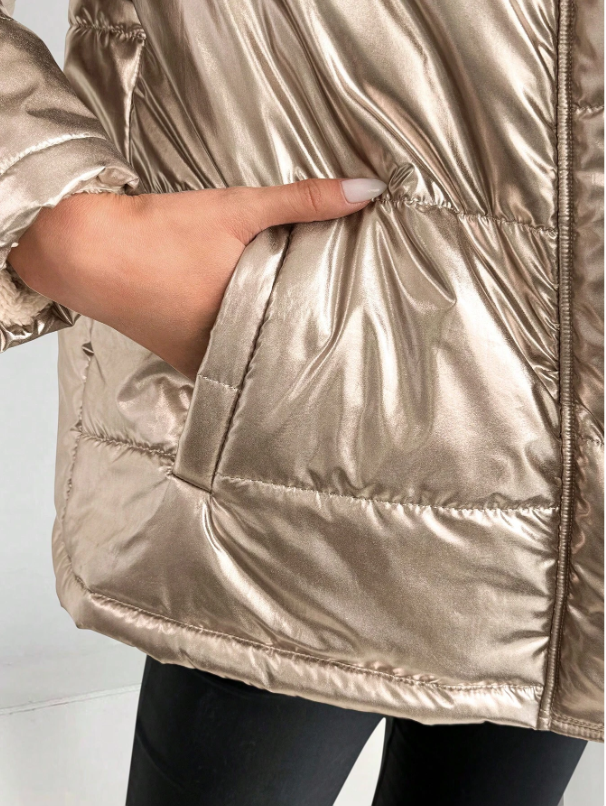 R&B | Damen Metallic Pufferjacke mit Kapuze und Pelzkragen