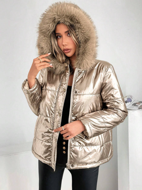 R&B | Damen Metallic Pufferjacke mit Kapuze und Pelzkragen