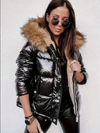 R&B | Damen Metallic Pufferjacke mit Kapuze und Pelzkragen