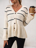 R&B | Damen Gestreifter Strick-Cardigan mit V-Ausschnitt und Knopfverschluss