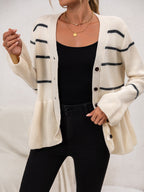 R&B | Damen Gestreifter Strick-Cardigan mit V-Ausschnitt und Knopfverschluss