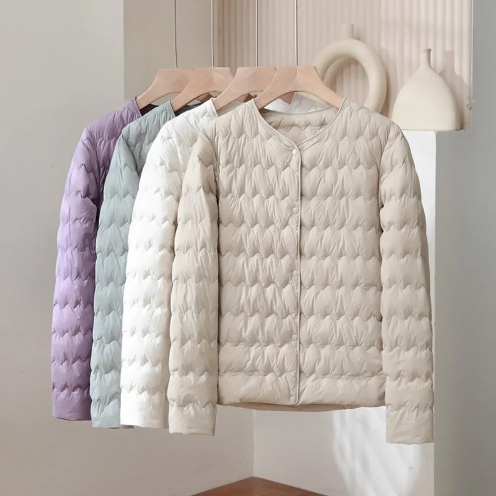 R&B | Gepolsterte Regular Fit Daunenjacke Kragenlose Knopfleiste Jacke