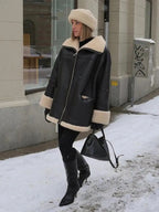 R&B | Übergröße Kunstleder Shearling Jacke in Schwarz