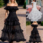 Schulterfreies Rüschen-Maxikleid mit Spitzendetails