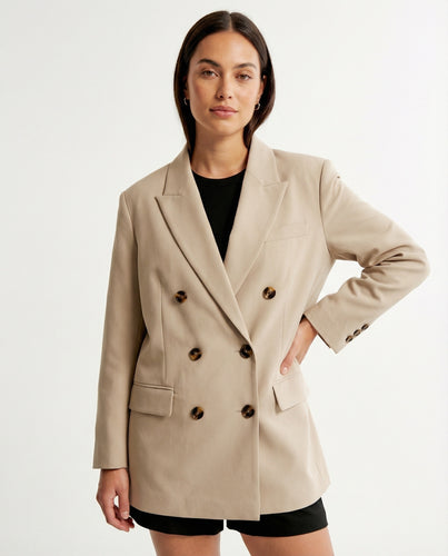 Moderner Damen Oversize Blazer Doppelreiher Grau Business Casual Anzugjacke
