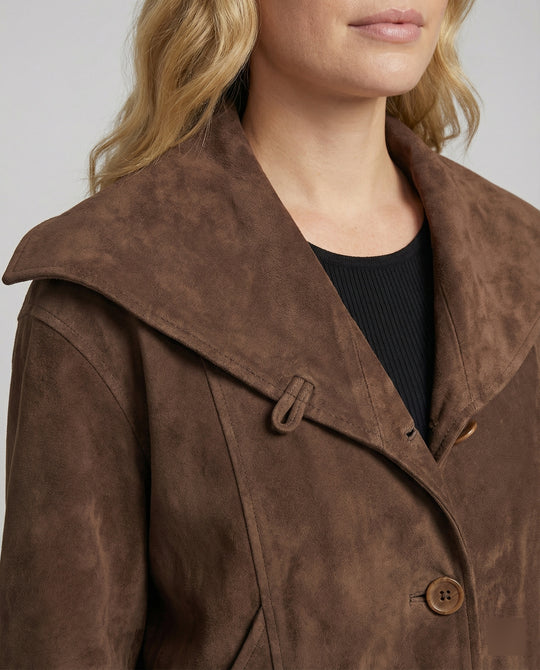 Modische Strick-Suede-Winterjacke für Damen in Kaffeebraun mit Reverskragen