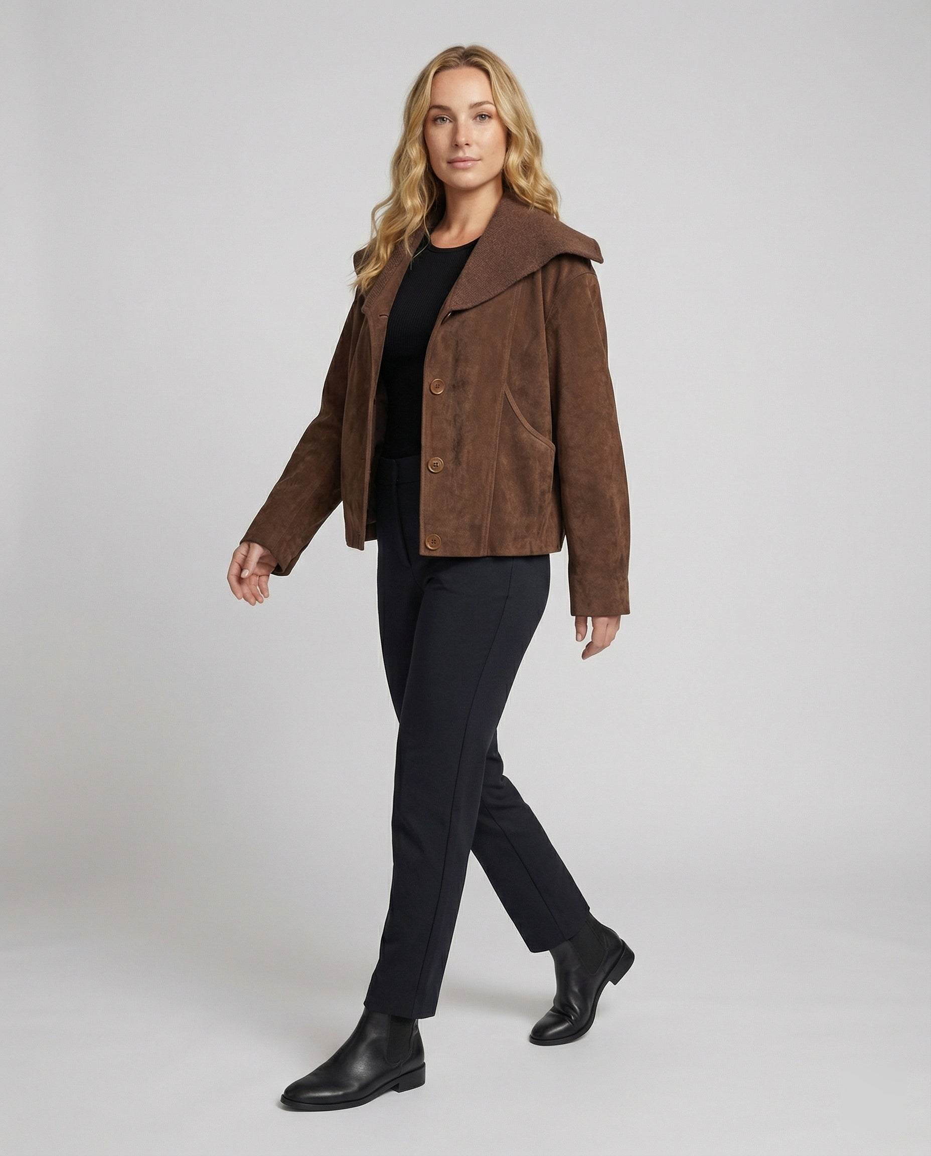 Modische Strick-Suede-Winterjacke für Damen in KaffeR&Braun mit Reverskragen