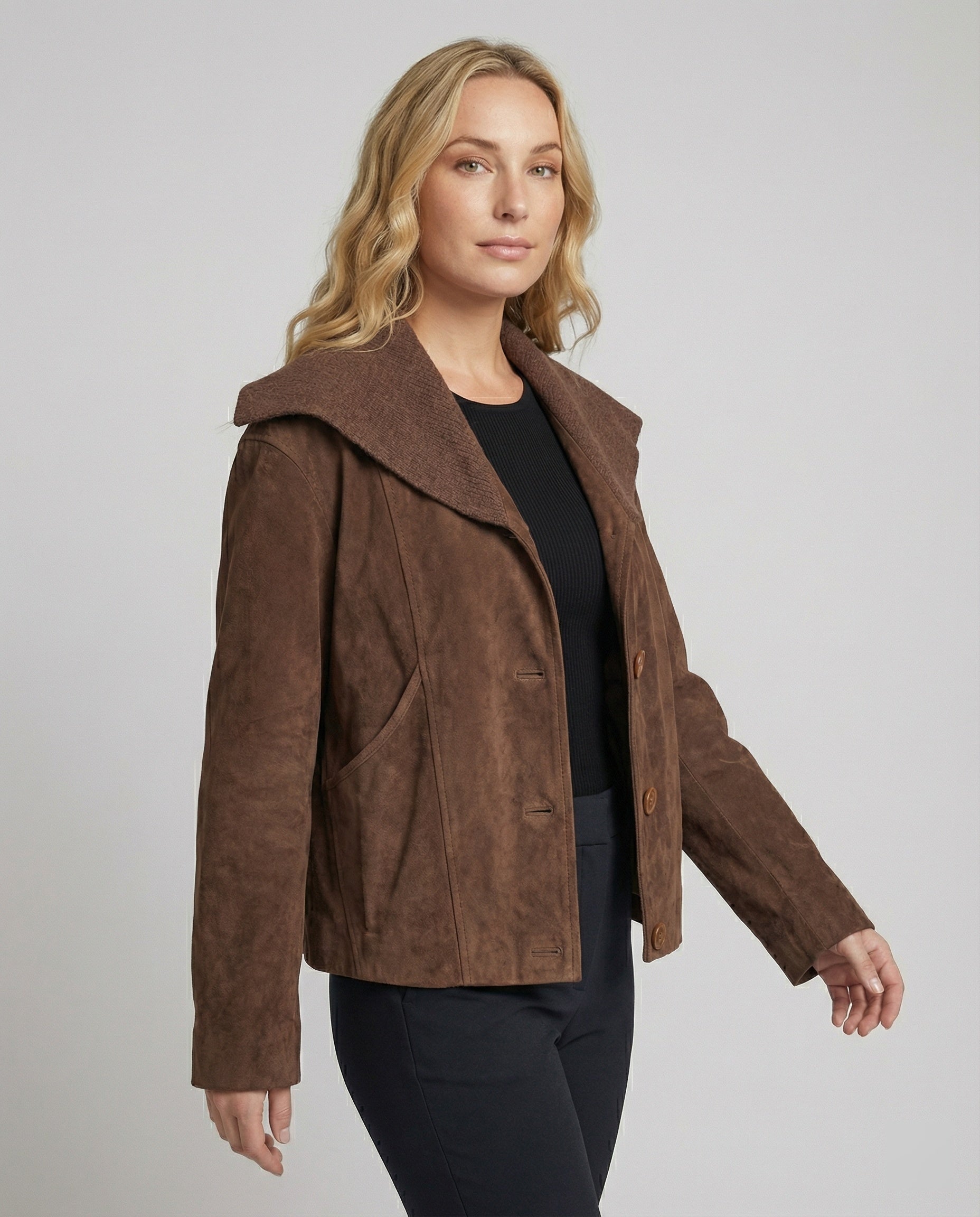 Modische Strick-Suede-Winterjacke für Damen in KaffeR&Braun mit Reverskragen