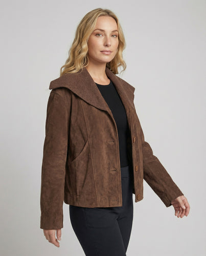 Modische Strick-Suede-Winterjacke für Damen in Kaffeebraun mit Reverskragen