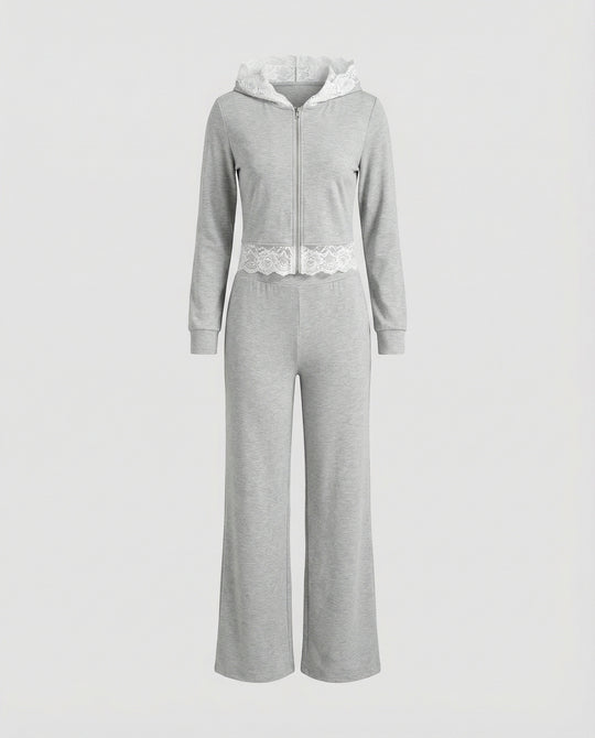 Modisches Damen Herbst Set mit Spitze und bequemer Jogginghose