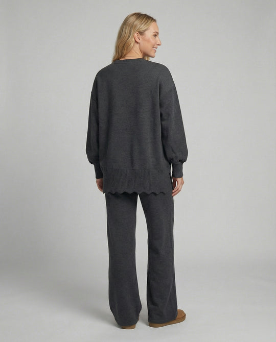 Modisches Strick-Sweatshirt und Sporthose Set für Damen Zweiteiler Grau