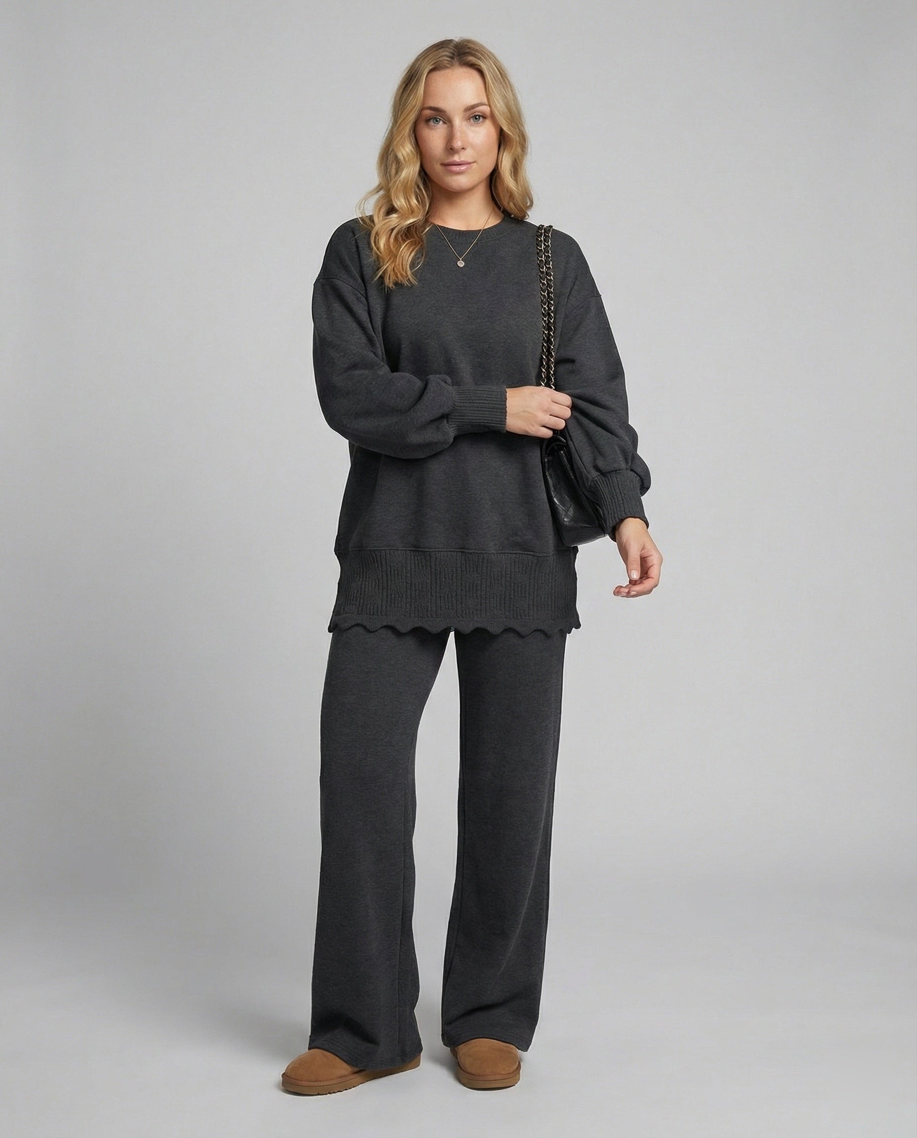 Modisches Strick-Sweatshirt und Sporthose Set für Damen Zweiteiler Grau