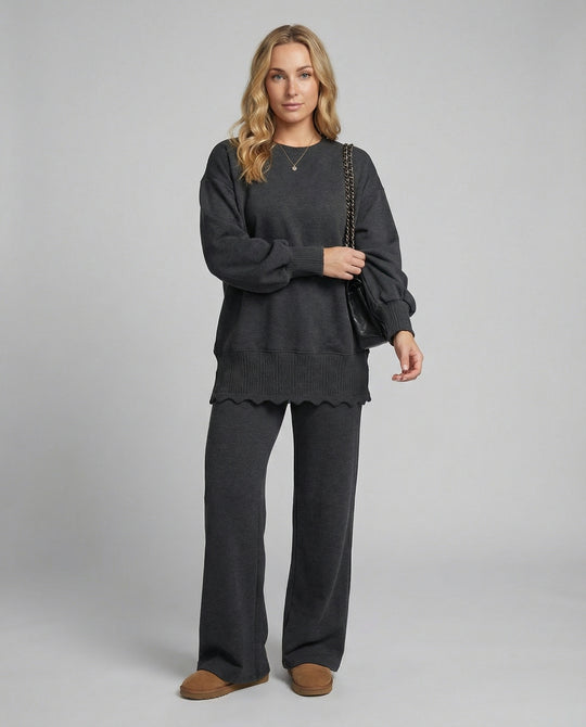 Modisches Strick-Sweatshirt und Sporthose Set für Damen Zweiteiler Grau