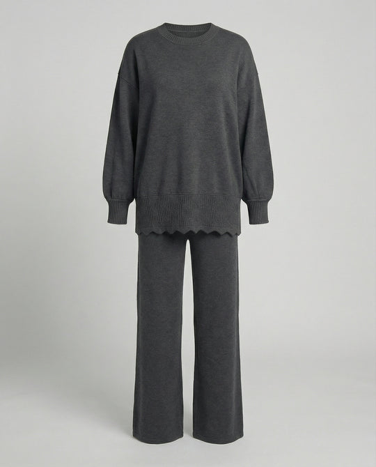 Modisches Strick-Sweatshirt und Sporthose Set für Damen Zweiteiler Grau