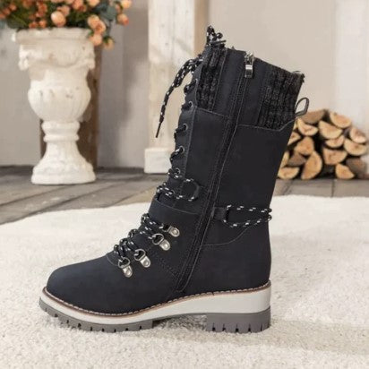 R&B | Knöchelhohe Strickstiefel mit Schnürsenkeln, Reißverschluss und Riemen