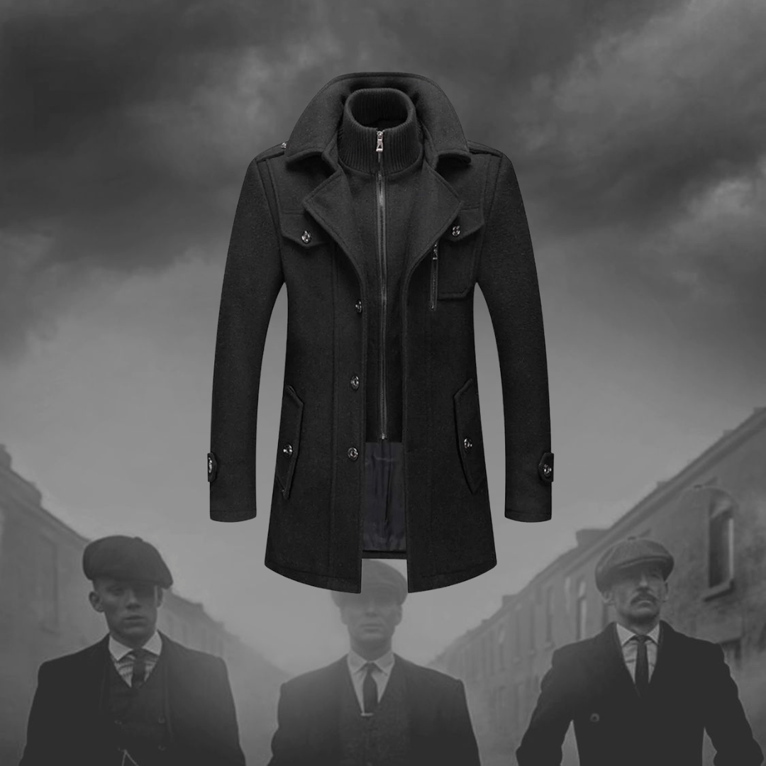 R&B | Herren Schwarz Mantel – Hoher Kragen und Frontknopfverschluss