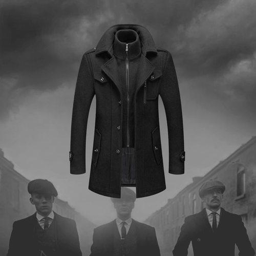 R&B | Herren Schwarz Mantel – Hoher Kragen und Frontknopfverschluss