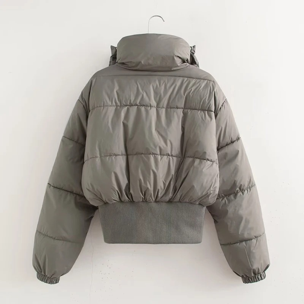 R&B | Damen Kurze Pufferjacke mit Hohem Kragen und Elastischem Taillengürtel
