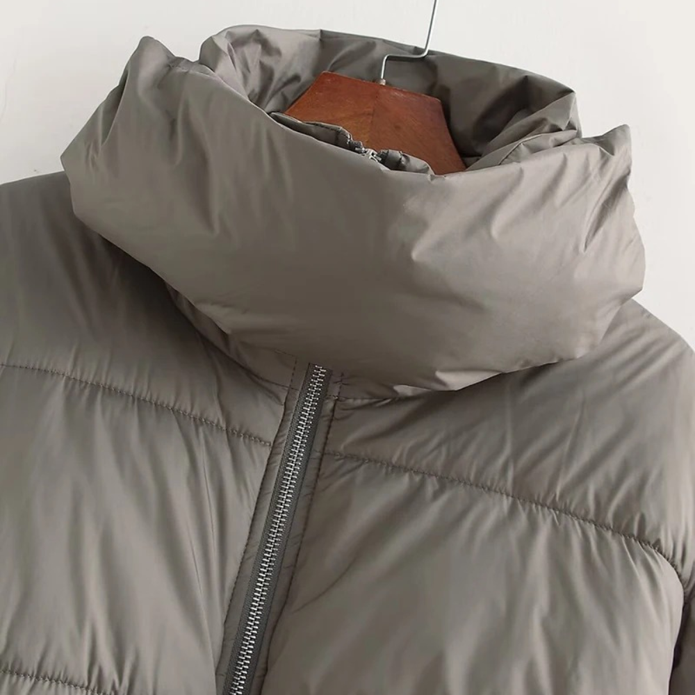R&B | Damen Kurze Pufferjacke mit Hohem Kragen und Elastischem Taillengürtel