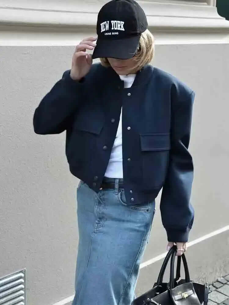 R&B | Damen Bomberjacke Mit Taschen Einfarbige Farbe Und Streetwear Stil