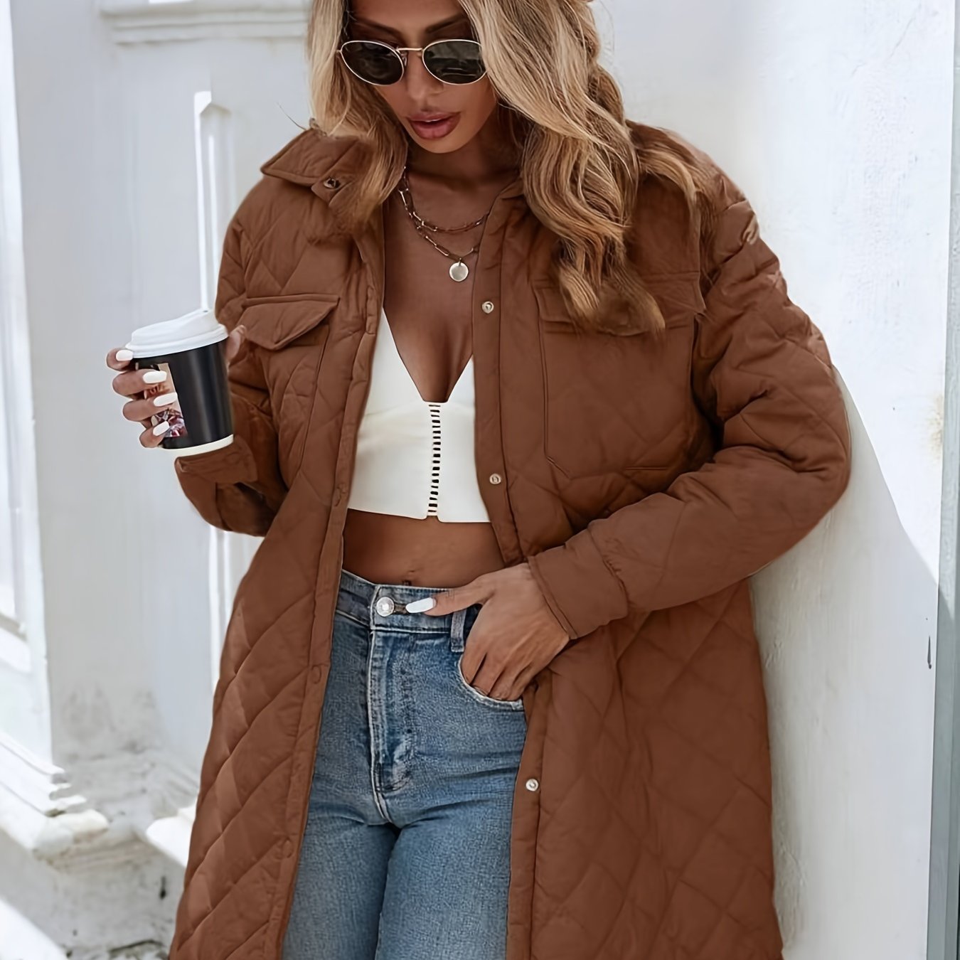 R&B | Damen Wattierte Pufferjacke mit Knopfverschluss und langer Passform