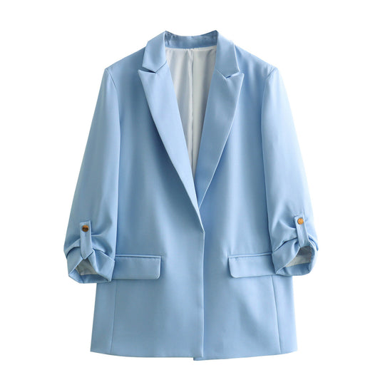 Damen elegante Blazerjacke mit strukturierten Ärmeln und dezenten Goldakzenten R&B