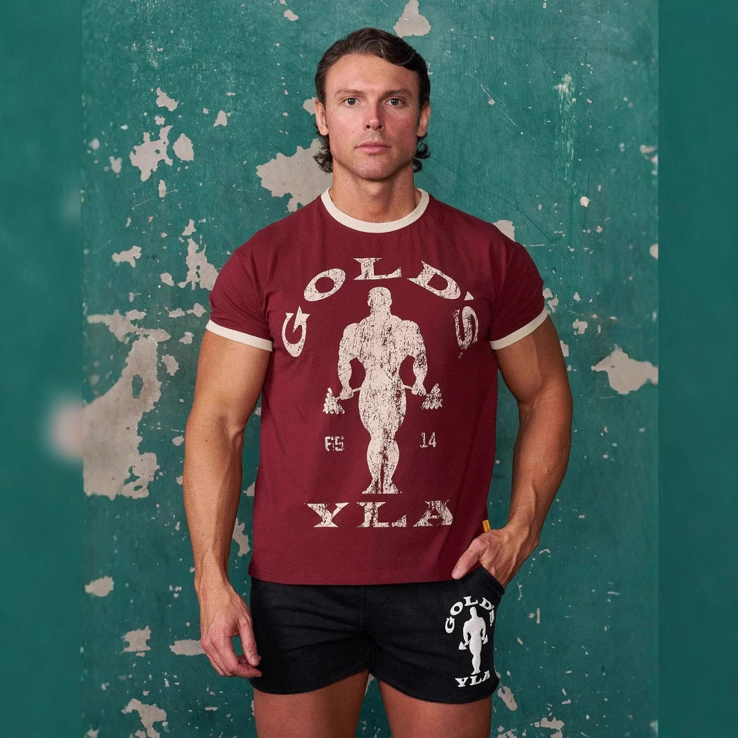 Herren nan Vintage Trainingsshirt mit Rundhalsausschnitt Kontrastbündchen und Retro-Bodybuilding-Druck R&B