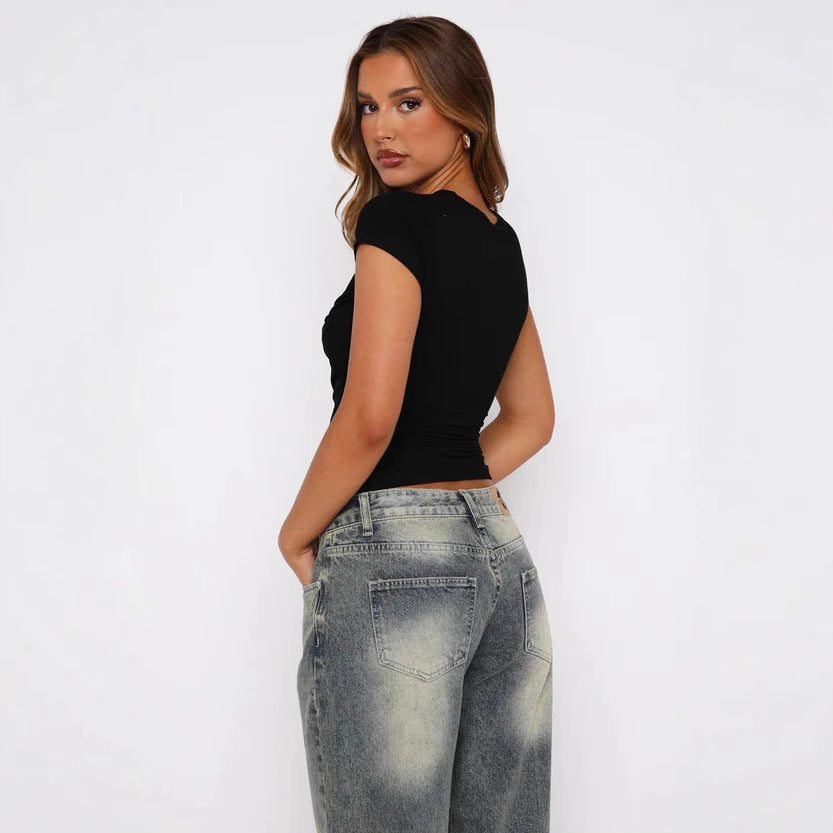 Damen figurbetontes Wickeloberteil mit elastischen Raffungseffekten R&B