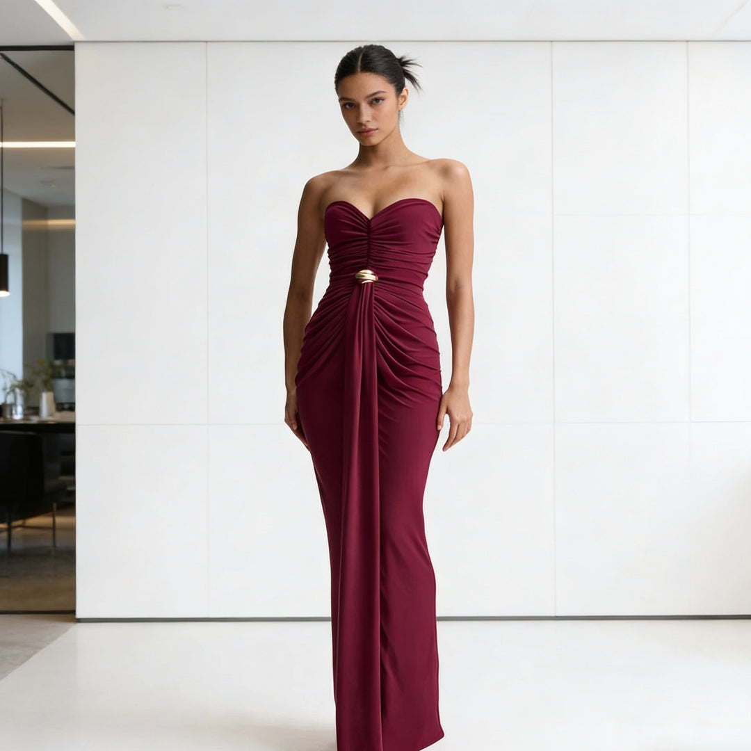 Damen Elegantes Drapeekleid mit schulterfreiem Design und kunstvollem Bund R&B