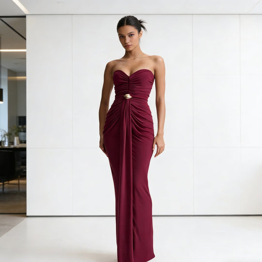 Damen Elegantes Drapeekleid mit schulterfreiem Design und kunstvollem Bund R&B