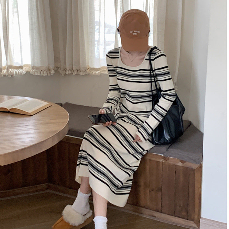 Damen Langärmliges gestreiftes Kleid mit figurbetontem Schnitt und Rundhalsausschnitt R&B