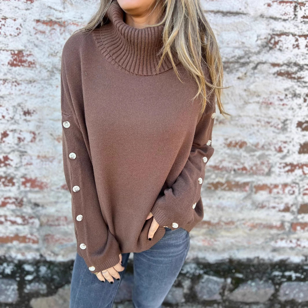 Damen weicher Rollkragenpullover mit modischen Knopfdetails R&B