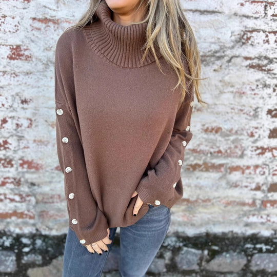 Damen weicher Rollkragenpullover mit modischen Knopfdetails R&B