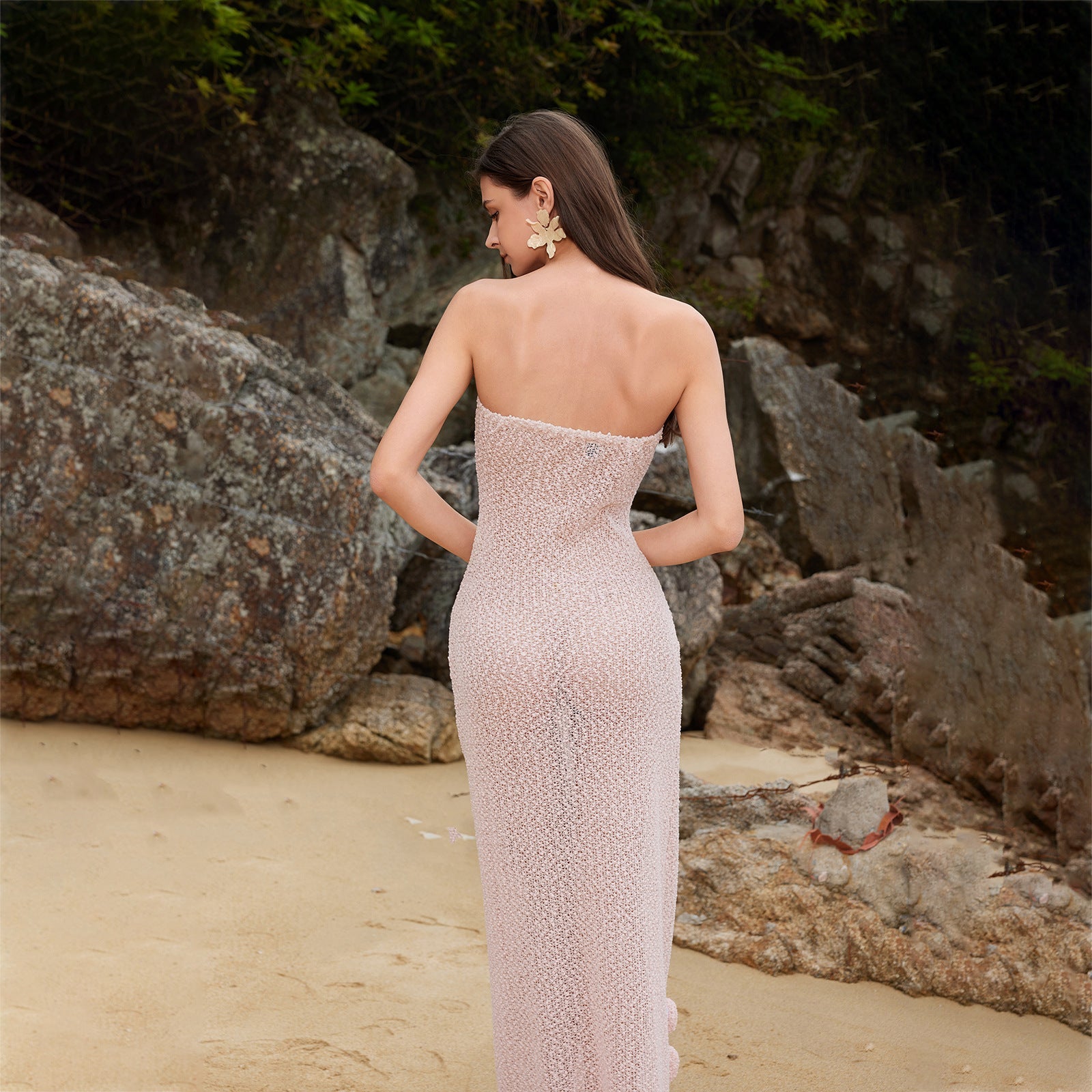 Damen figurbetontes Strandkleid mit Blumenapplikationen R&B