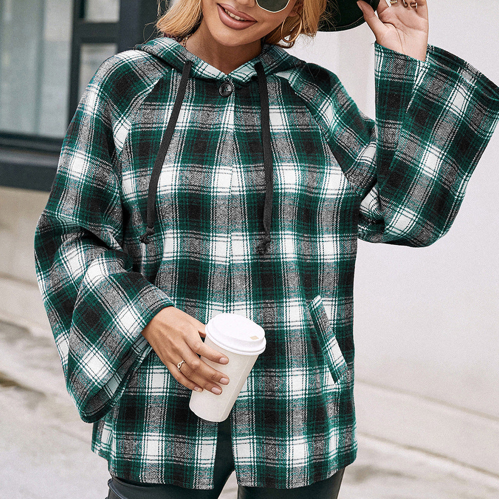 Damen Karo Overshirtjacke im lässigen Stil mit Kapuze und weiten Ärmeln R&B