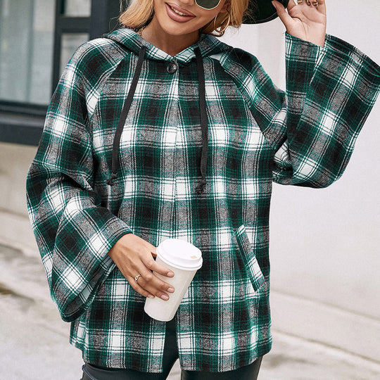 Damen Karo Overshirtjacke im lässigen Stil mit Kapuze und weiten Ärmeln R&B