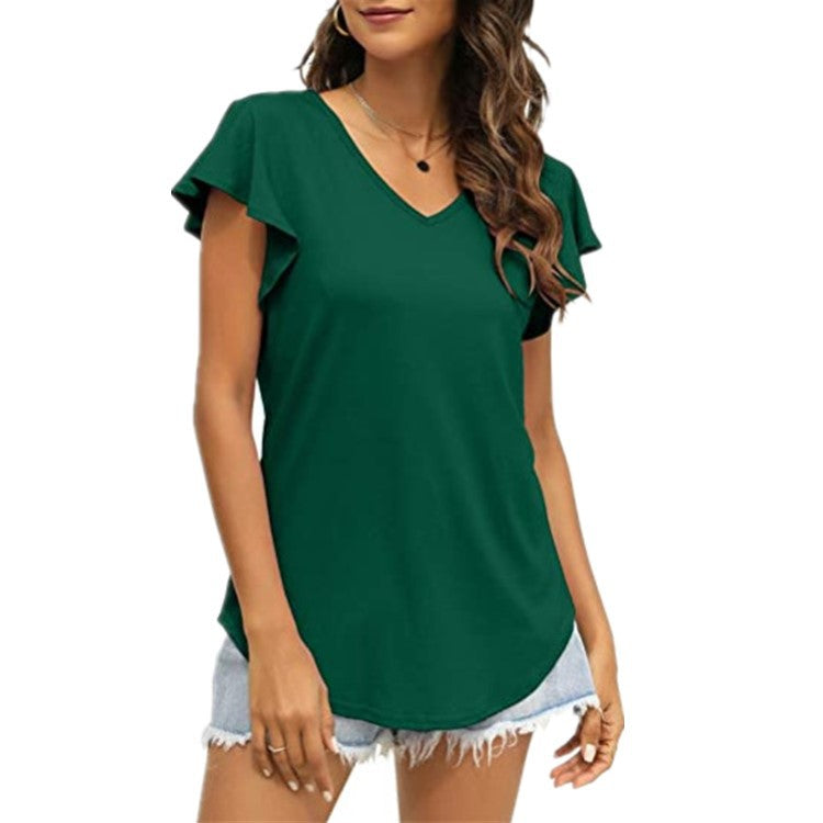 Damen V-Ausschnitt T-Shirt mit Rüschenärmeln und lässigem Schnitt R&B