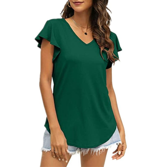 Damen V-Ausschnitt T-Shirt mit Rüschenärmeln und lässigem Schnitt R&B